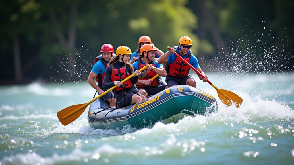 White water rafting adventure in Rotorua, New Zealand. Professional photography, 8K quality, Rafting em águas turbulentas em Rotorua, Nova Zelândia.