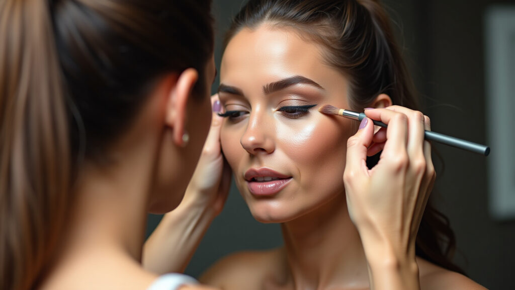 Woman applying creamy contour, defining face, natural makeup, soft lighting, professional Contorno cremoso para definir os traços do rosto com naturalidade.