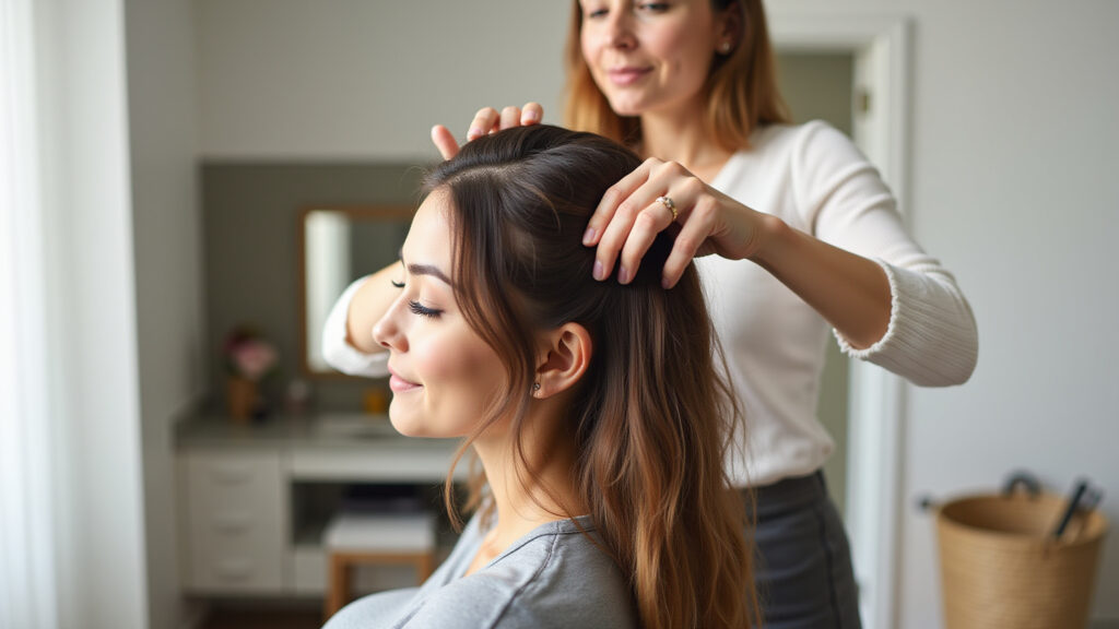 Woman applying hair dye at home, money piece highlights, DIY, professional photography, 8K quality, Fazendo 'money piece' em casa.