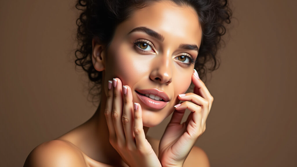 Woman applying light, luminous foundation, natural skin texture, soft lighting, professional Aplicação de base leve e luminosa para um efeito glow natural.