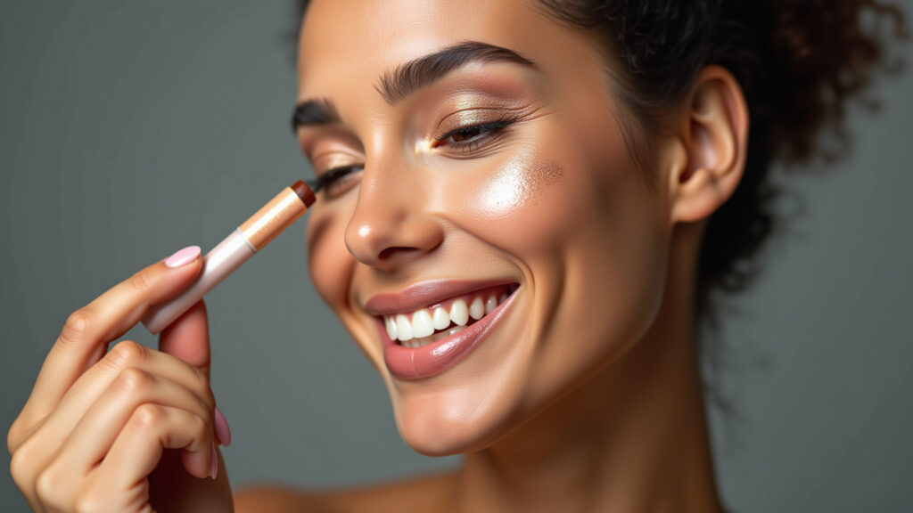 Woman applying liquid highlighter on cheekbones, glowing skin, radiant makeup, professional Aplicação de iluminador líquido nos pontos altos do rosto para um brilho intenso.