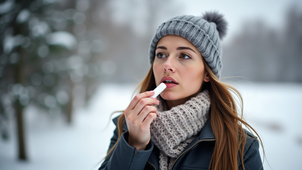 Woman applying protective lip balm in snowy, cold weather, winter clothing, focus on lips, Hidratante labial para frio intenso.