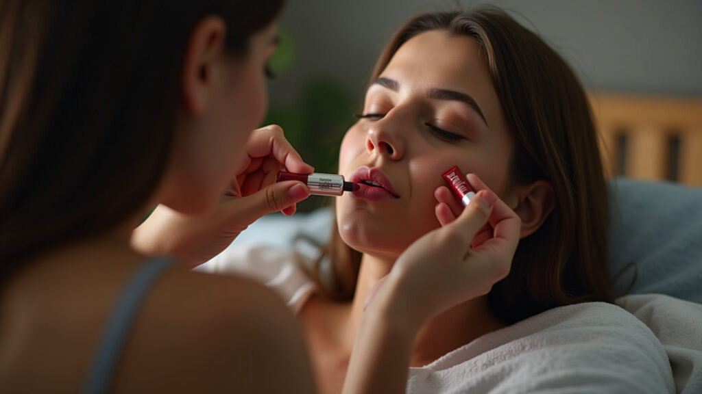 Woman applying rich night lip balm before sleep, bedroom with dim light, Brazilian decor, focus on Hidratante labial noturno para reparação.
