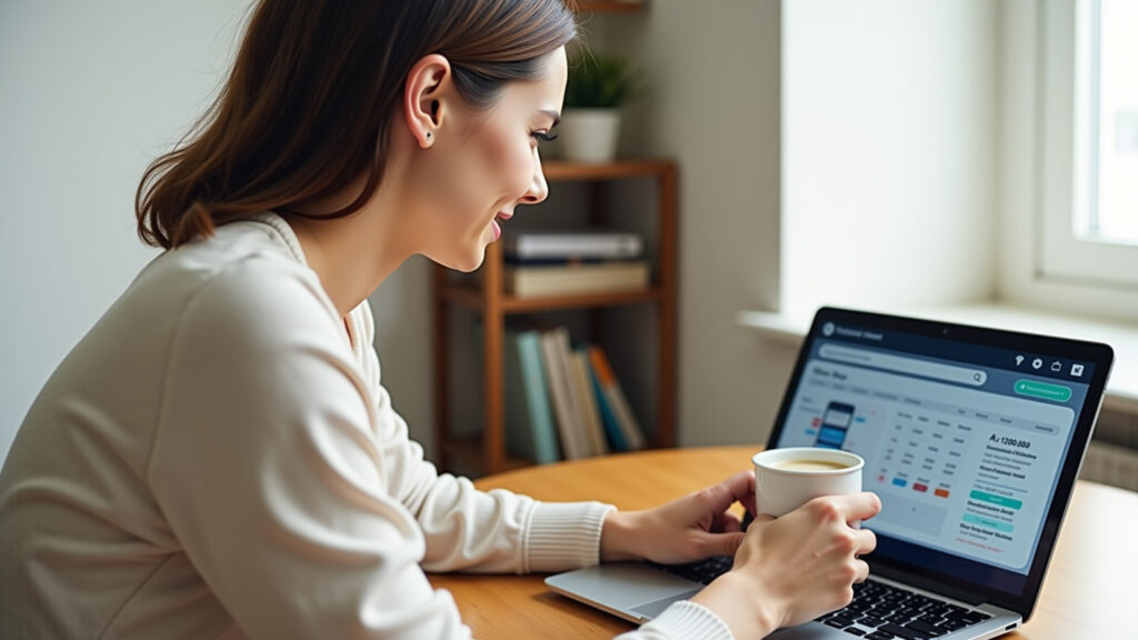 Woman comparing flight prices online, laptop, coffee, bright room, natural light, vibrant colors, Mulher comparando preços de passagens aéreas online.