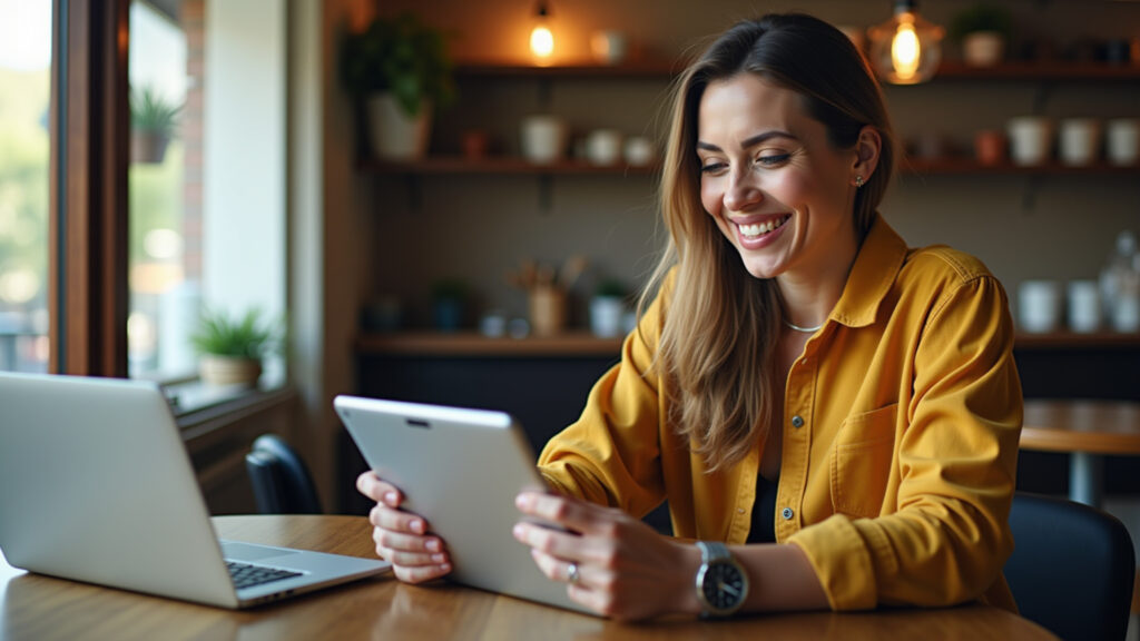 Woman comparing travel insurance quotes on a tablet, cozy Brazilian cafe setting. Natural light, Mulher comparando preços de seguro viagem em tablet, café aconchegante.