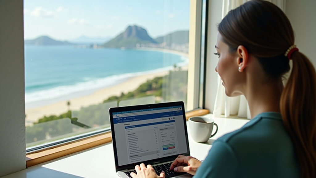 Woman consulting travel insurance options on a laptop, sunny Rio de Janeiro beach visible through Mulher escolhendo seguro viagem online com praia do Rio ao fundo.