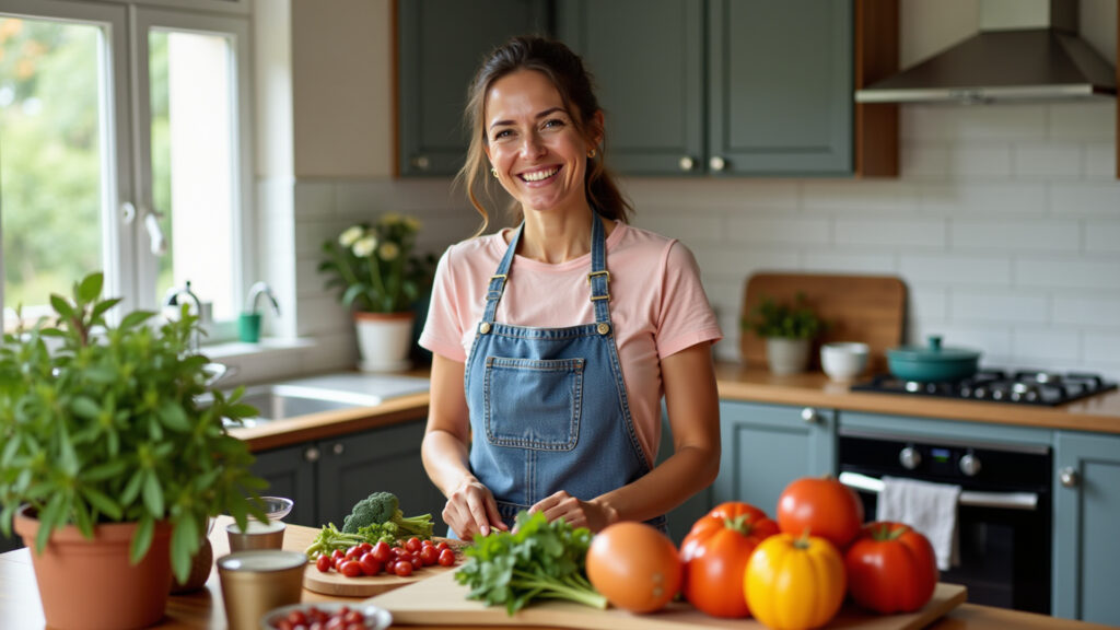 Woman cooking in Airbnb kitchen, fresh ingredients, smiling, natural light, vibrant colors, Mulher cozinhando em cozinha de Airbnb com ingredientes frescos.