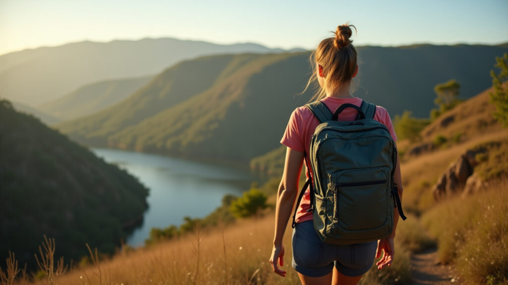Woman digital nomad hiking in Chapada dos Veadeiros, Goiás, stunning landscape, inspiration, 8k, Nômade digital explorando a Chapada dos Veadeiros.