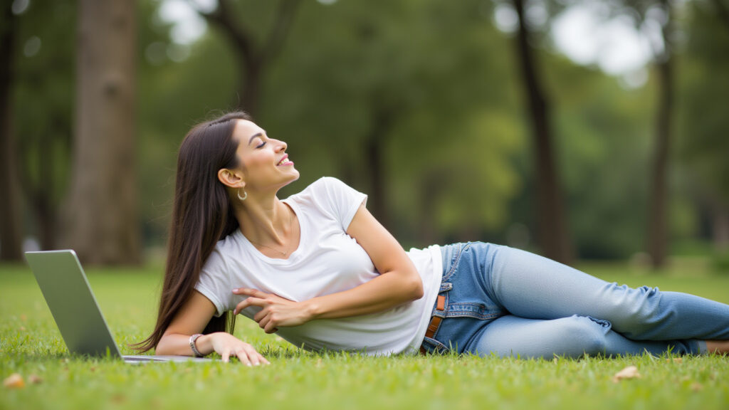 Woman digital nomad relaxing in a park in Porto Alegre, laptop nearby, enjoying the peaceful Nômade digital relaxando em parque de Porto Alegre.