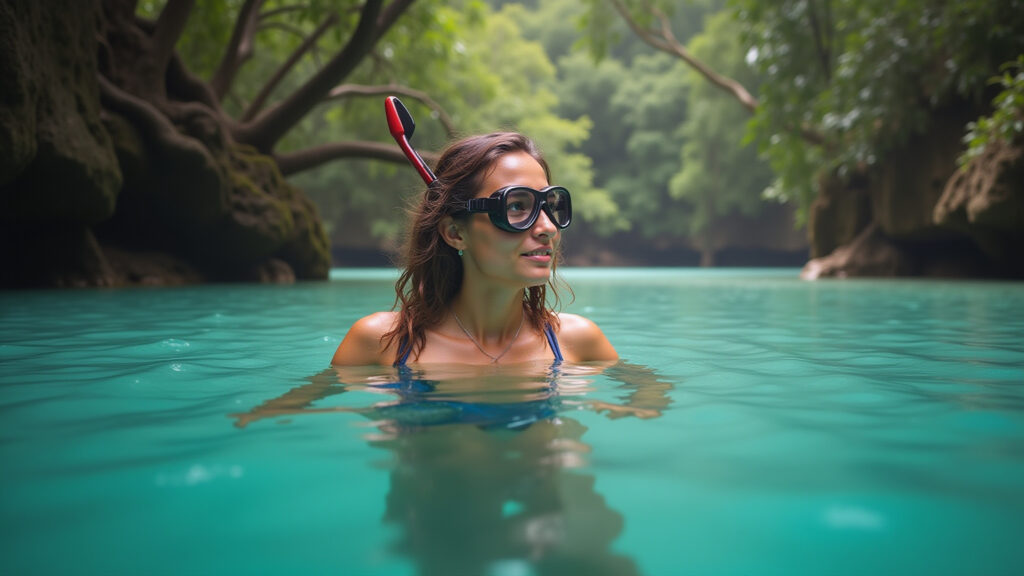 Woman digital nomad snorkeling in crystal-clear river in Bonito, Mato Grosso do Sul, nature Nômade digital praticando ecoturismo em Bonito.