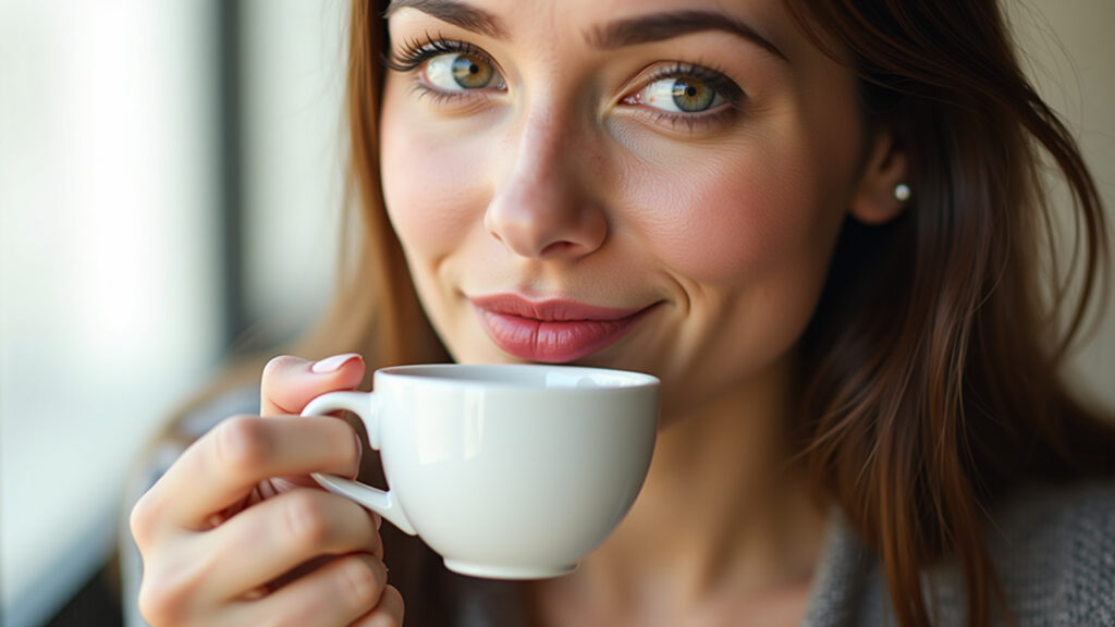 Woman drinking coffee, lip tint resisting, natural light, lifestyle photography, 8K quality, focus Lip tint resistindo após beber café, mostrando durabilidade.