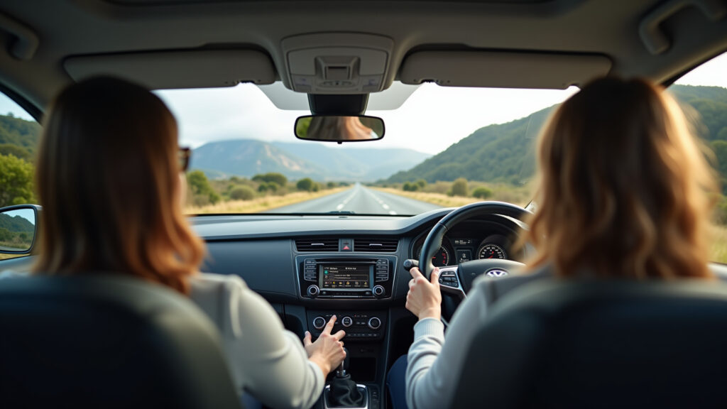 Woman driving a rental car on scenic New Zealand road. Professional photography, 8K quality, Mulher dirigindo carro alugado em estrada cênica na Nova Zelândia.