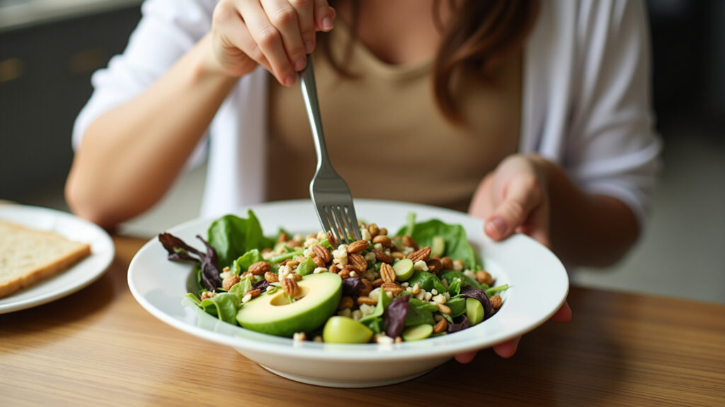 Mulher comendo salada saudável rica em nutrientes para o cabelo.