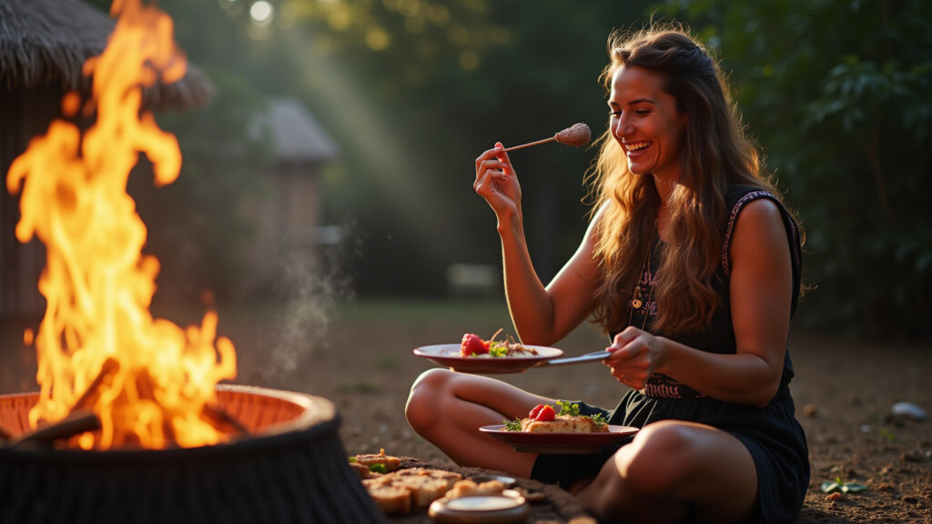 Woman enjoying Maori Hangi meal in New Zealand. Professional photography, 8K quality, natural Mulher saboreando prato tradicional Maori Hangi na Nova Zelândia.