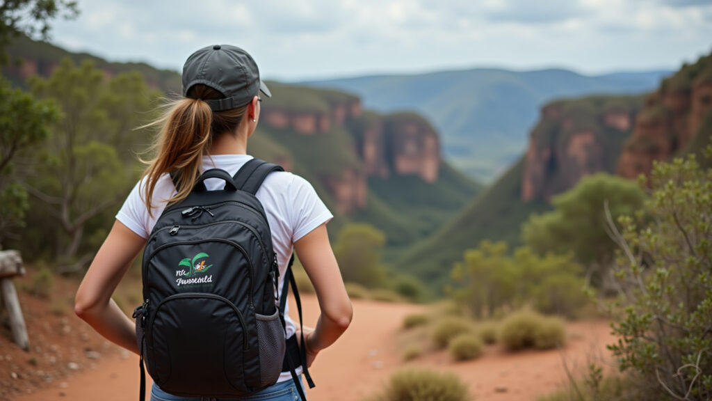 Woman hiking in Chapada Diamantina, wearing appropriate gear. Travel insurance logo subtly visible Mulher fazendo trilha na Chapada Diamantina, seguro viagem no backpack.