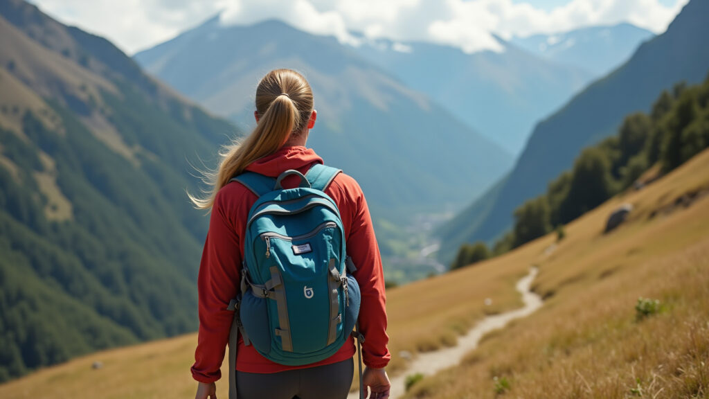 Woman hiking in the Ecuadorian Andes, wearing travel clothes, enjoying the mountain view, natural Mulher trilhando nos Andes equatorianos.