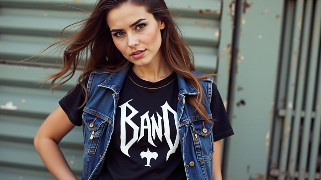 Woman in band tee, denim vest, rock, casual, 8K, commercial photography, Brazilian scene. Rock'n'Roll: camiseta de banda e colete jeans.