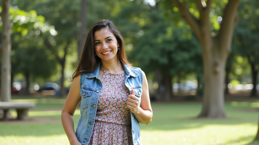 Woman in floral dress, denim vest, park, natural lighting, 8K, lifestyle photography, Brazilian Look moderno: vestido floral com colete jeans curto.