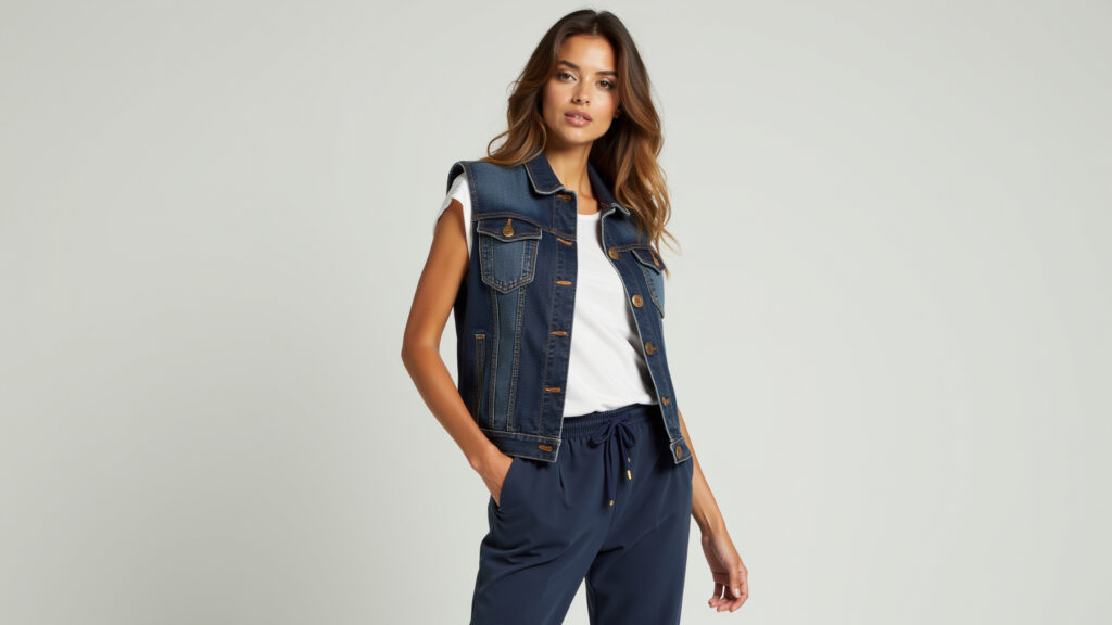 Woman in jogger pants, denim vest, comfort, modern, 8K, sharp focus, Brazilian model. Conforto: calça jogger e colete jeans curto.