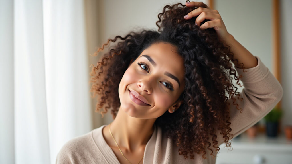 Woman lifting curly hair roots with diffuser, head tilted, volume, natural light, lifestyle Dando volume à raiz do cabelo cacheado com difusor.