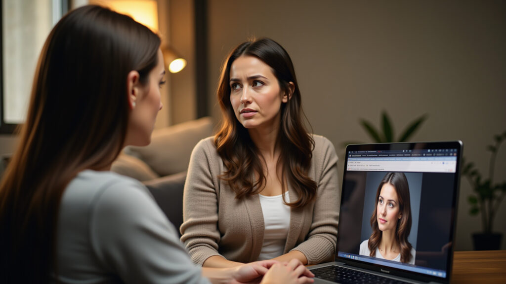 Woman looking sad, supported by therapist online, warm lighting, comfortable setting, 8K, Mulher buscando ajuda profissional para depressão pós-parto.