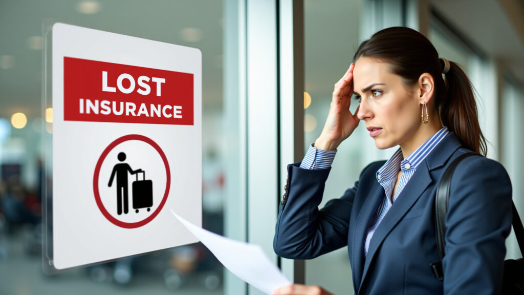 Woman looking stressed at airport baggage claim, lost luggage sign in background. Travel insurance Mulher estressada em aeroporto com mala extraviada, seguro viagem na mão.