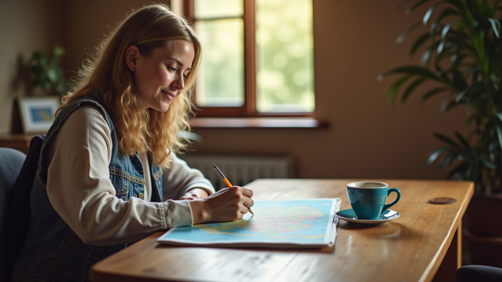 Woman planning Ecuador and Galapagos trip, travel guide, map, coffee, natural light, Farm Rio Mulher planejando viagem para Equador e Galápagos.
