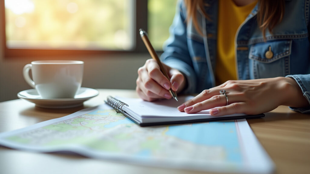 Woman planning itinerary, map, notebook, coffee, bright room, natural light, vibrant colors, Mulher planejando roteiro de viagem com mapa e caderno.
