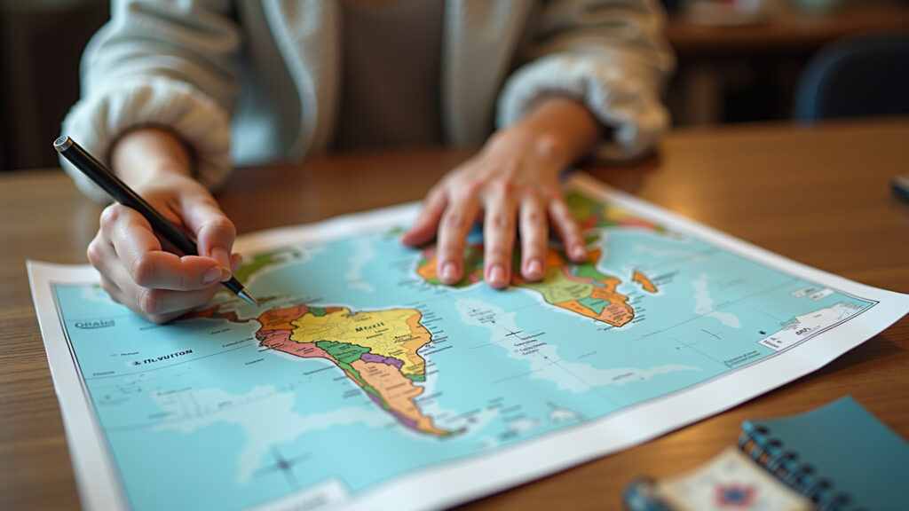 Woman planning trip: map of Brazil, travel journal, affordable destinations circled, natural Mulher planejando roteiro de Réveillon econômico no Brasil com mapa.