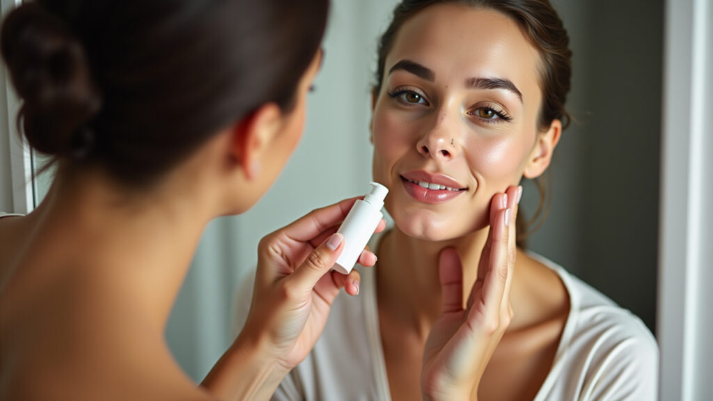Woman preparing skin for glow makeup, applying luminous moisturizer, soft focus, natural light, Preparação da pele para maquiagem glow com hidratante luminoso.