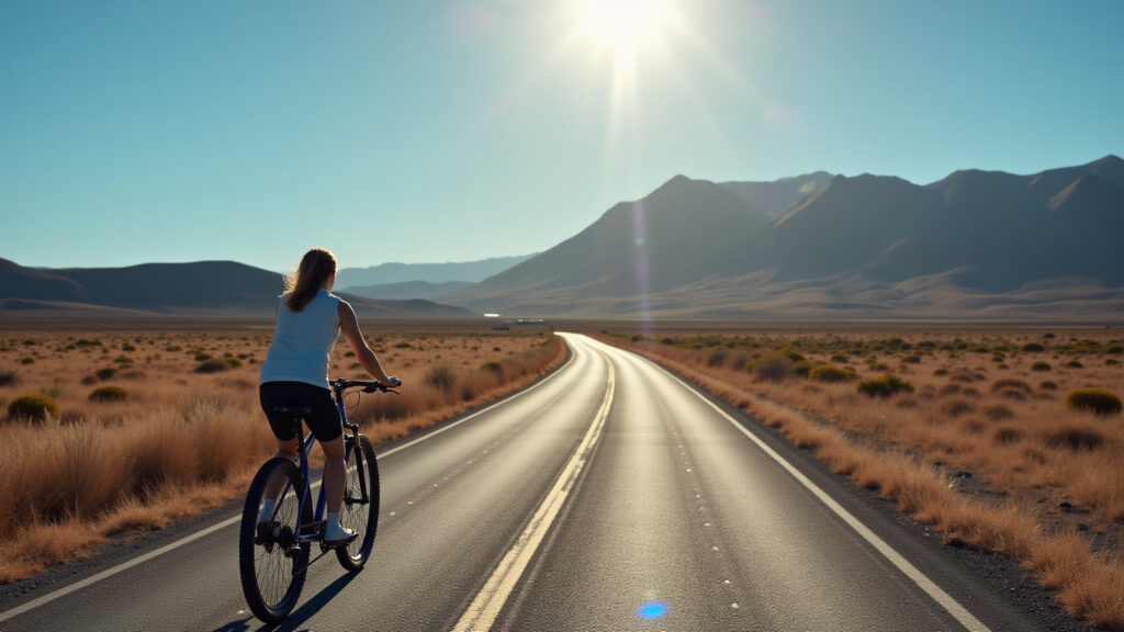 Woman riding a bike in Galapagos, volcanic landscape, sunny day, natural lighting, professional Mulher andando de bicicleta em Galápagos.