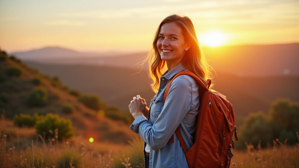 Woman traveler, backpack, smiling, sunset, scenic view, natural light, vibrant colors, professional Mulher viajante com mochila sorrindo ao pôr do sol.