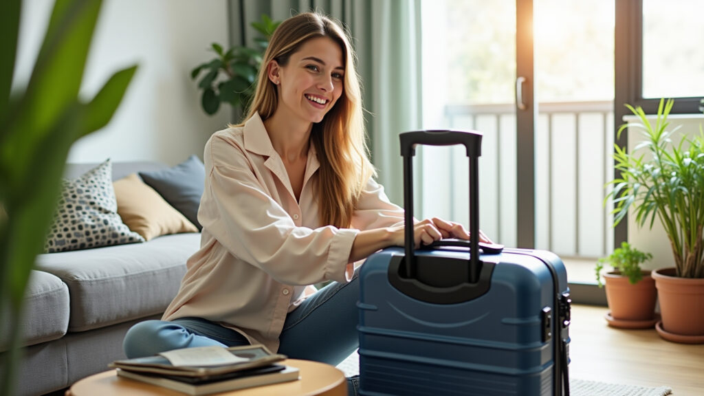 Woman traveler smiles, packing suitcase in a bright, plant-filled Brazilian apartment. Natural Mulher sorrindo ao preparar mala, documentos de seguro viagem à vista.