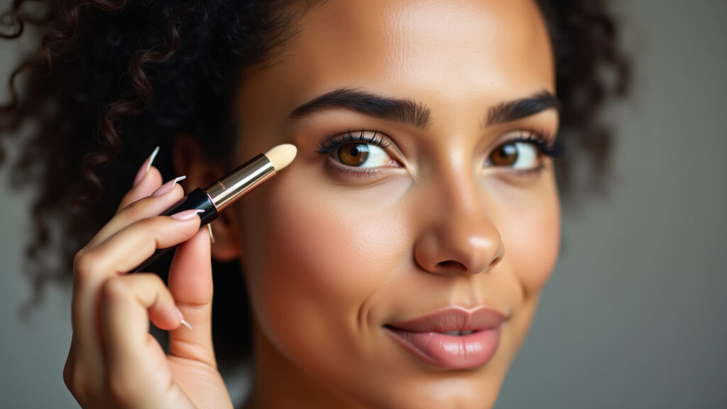 Woman using illuminating concealer under eyes, bright eyes, soft light, professional photography, Corretivo iluminador para disfarçar olheiras e iluminar o olhar.