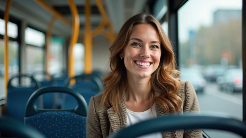Woman using public transport, bus, city view, smiling, natural light, vibrant colors, professional Mulher usando transporte público em cidade.