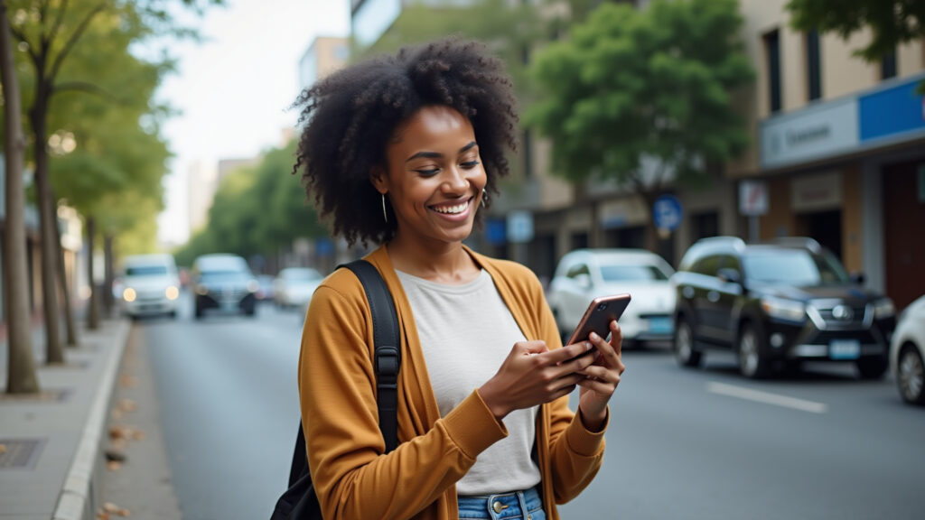 Woman using ride-sharing app: smiling, phone in hand, city street, natural lighting, 8K, commercial Mulher usando aplicativo de transporte compartilhado na cidade.