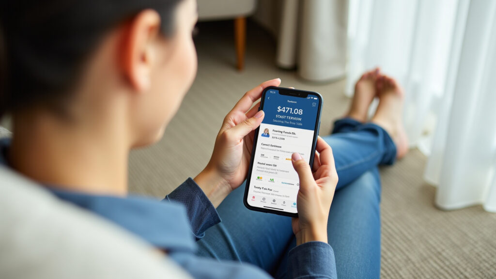 Woman using telemedicine app on her phone, relaxing in a hotel room. Travel insurance details on Mulher usando telemedicina em hotel, detalhes do seguro viagem na tela.