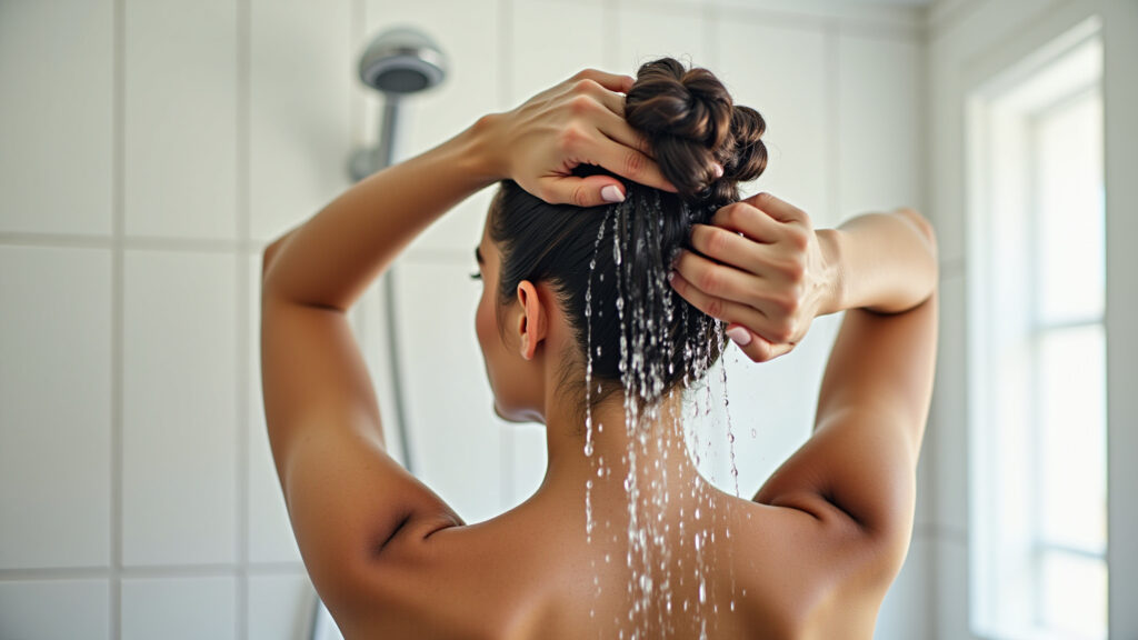 Mulher ajustando a temperatura da água para lavar o cabelo.