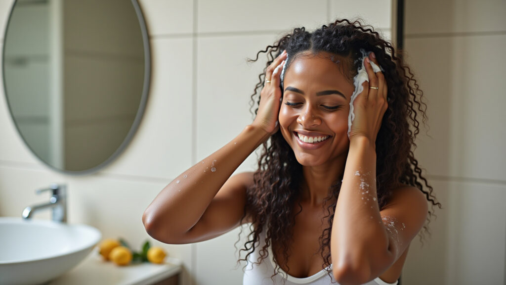 Lavando o cabelo com shampoo suave.