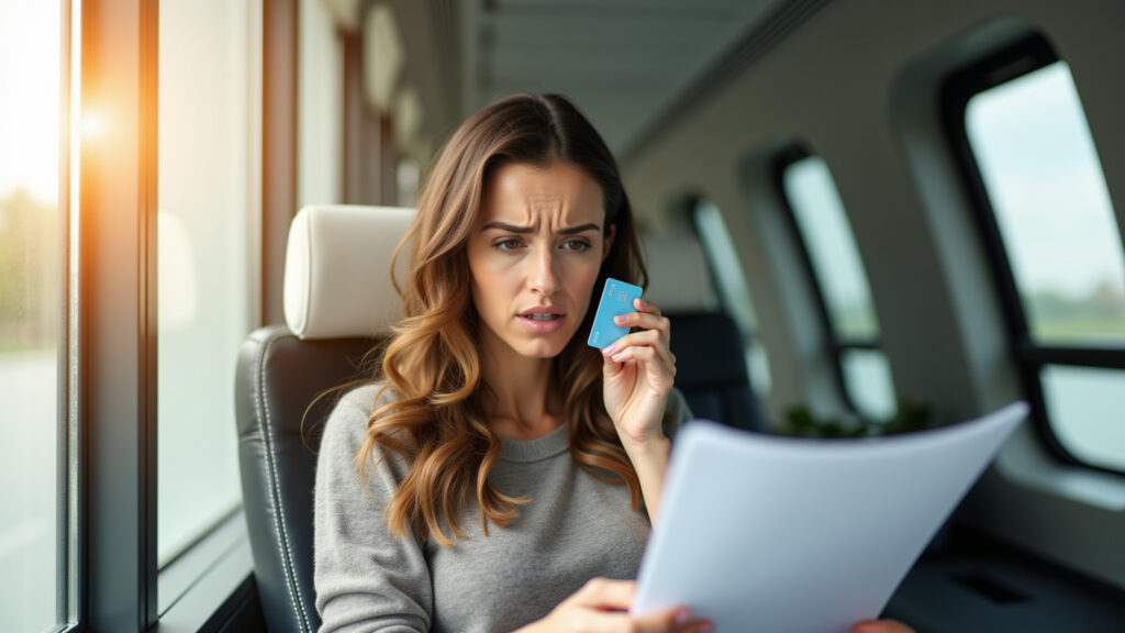Woman with credit card, travel insurance documents, worried expression, natural light, vibrant Mulher com cartão de crédito e documentos de seguro viagem, expressão preocupada.