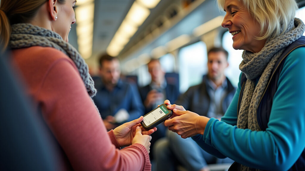 Woman with diabetes checking her blood sugar on a train. Travel insurance card visible. Realistic Mulher com diabetes monitorando glicemia em trem, seguro viagem à vista.