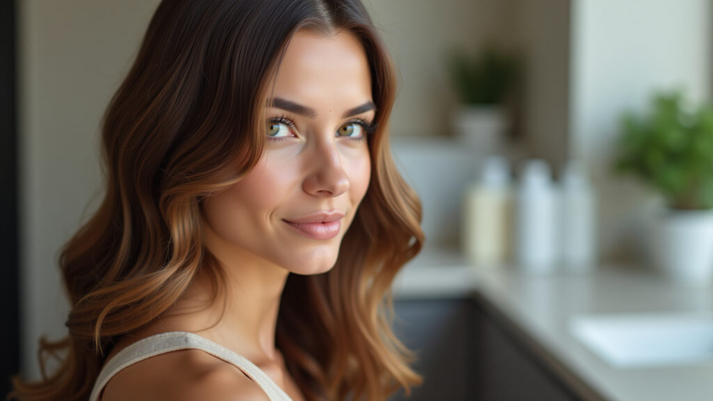 Woman with healthy money piece highlights, hair care, professional photography, 8K quality, sharp Cabelo com 'money piece' saudável.