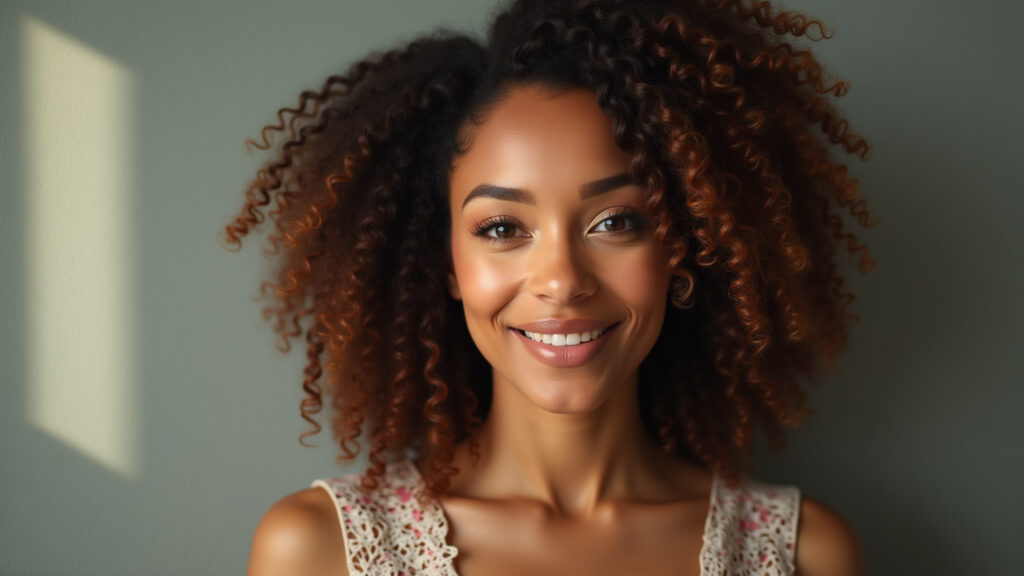 Woman with money piece highlights, matching color with natural hair, professional photography, 8K Mechas 'money piece' combinando com o cabelo.