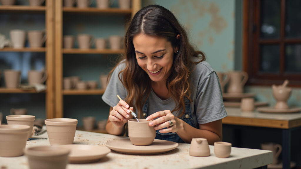 Workshop in Belo Horizonte. Woman learning pottery, creative, professional photography, 8K quality, Mulher aprendendo cerâmica em workshop em BH.