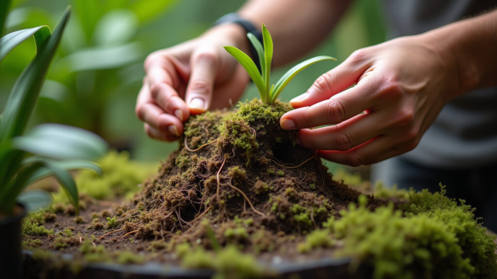 Envolvendo as raízes da orquídea no substrato para o kokedama.