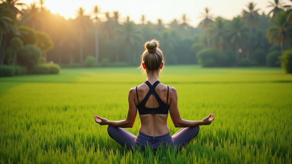 A woman in Bali rice fields, yoga retreat, serene, natural lighting, professional photography, 8K Mulher praticando yoga em Bali durante retiro de ano sabático.