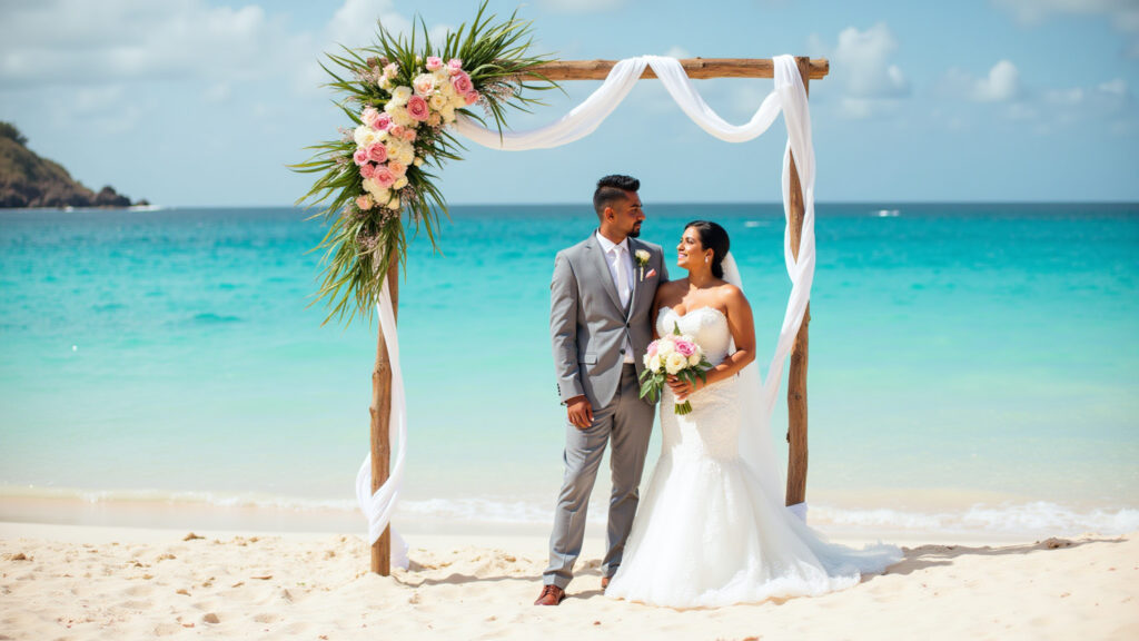 Arraial do Cabo beach wedding. Praia do Forno, turquoise water, white sand, tropical flowers, Cerimônia de casamento em Arraial do Cabo: Caribe brasileiro.