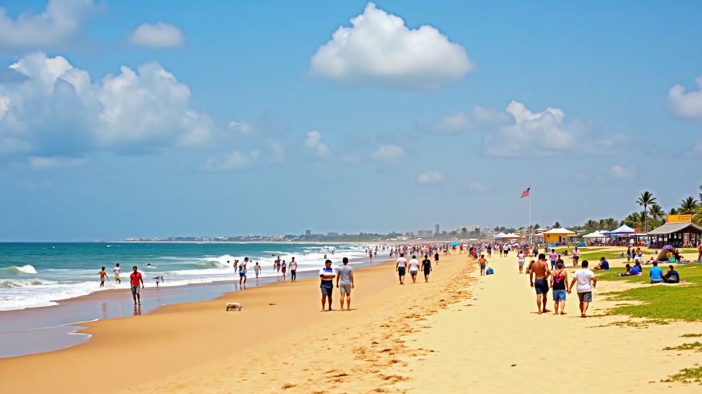 Atalaia beach, Aracaju. Professional photography, 8K quality, natural lighting, vibrant colors, Praia de Atalaia, Aracaju: calçadão movimentado e quiosques.