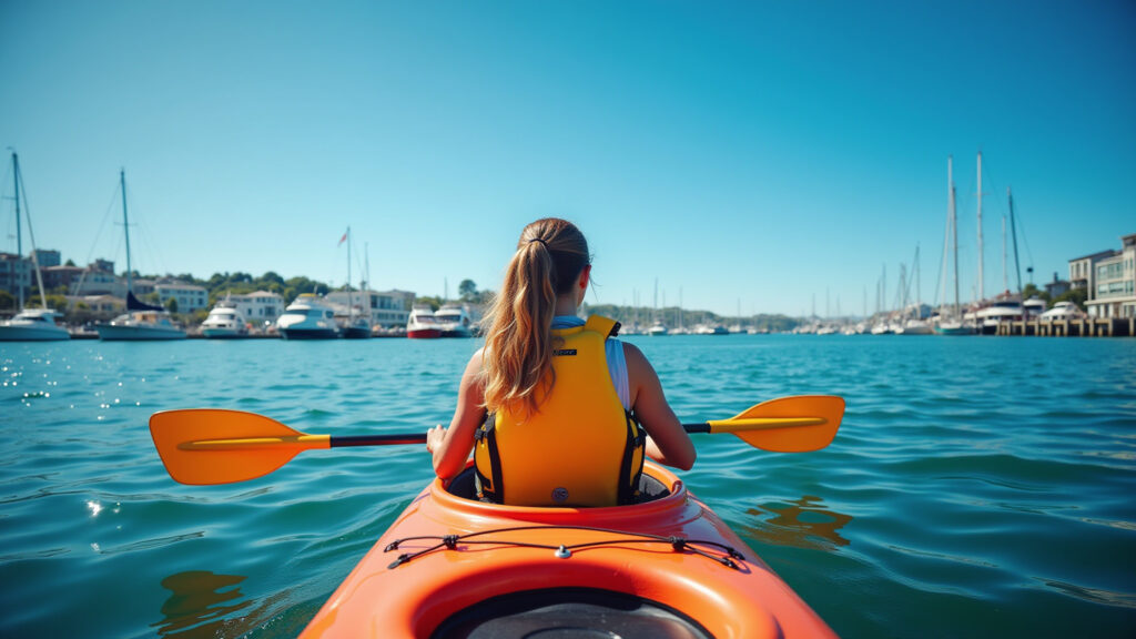 Auckland harbor, woman kayaking, blue sky, 'professional photography', 8K quality, sharp focus, Intercâmbio em Auckland: mulher praticando caiaque.