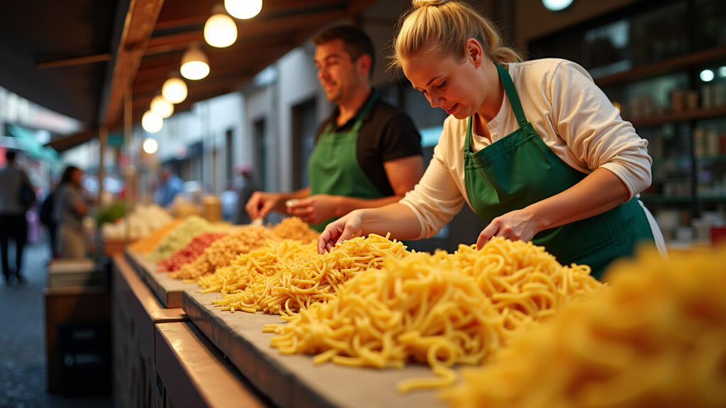 Bologna street food market, fresh pasta display, gourmet woman selecting ingredients, vibrant Mercado de rua em Bolonha com massas frescas.